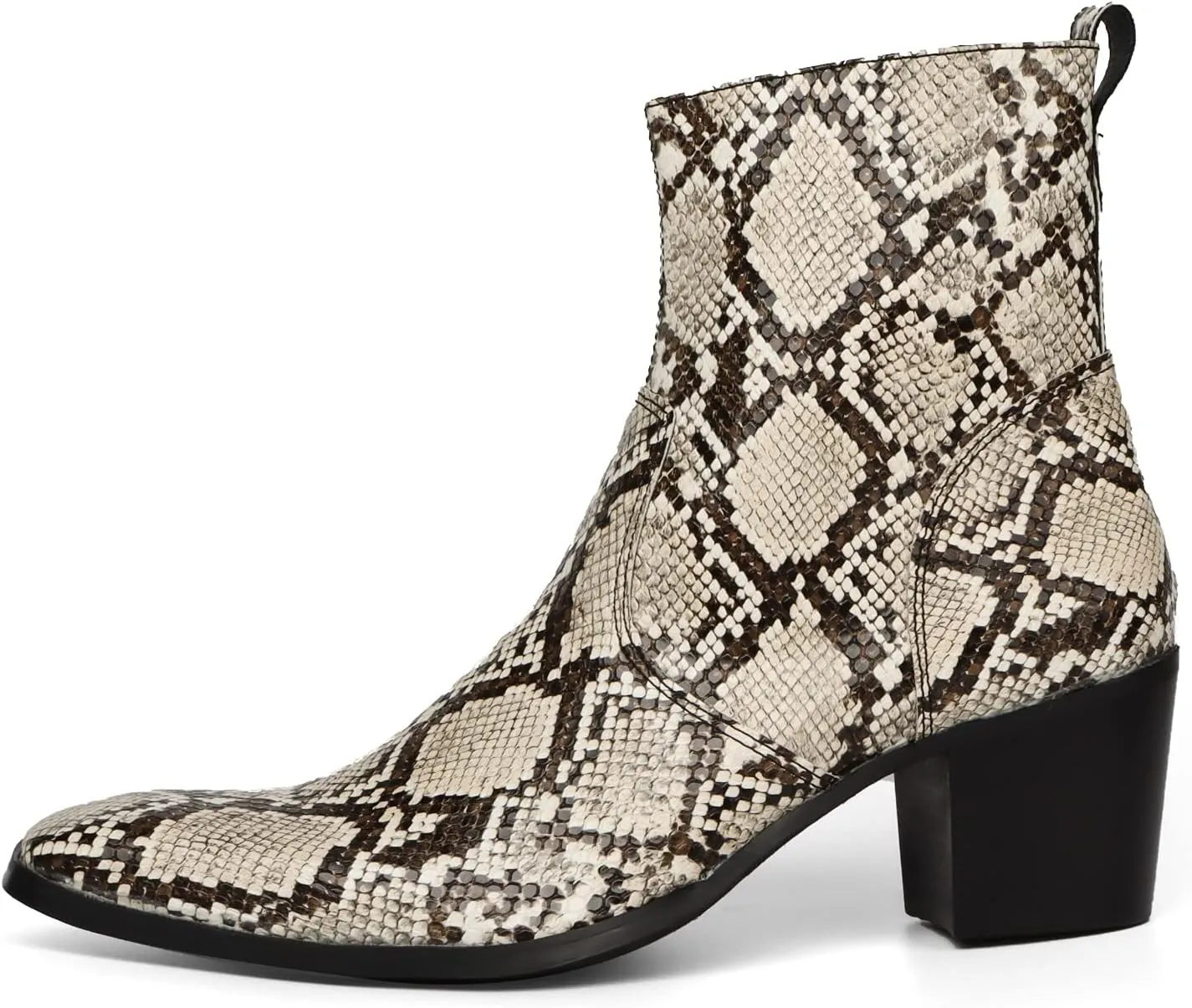 Ankle Boots for Men OutdoorGenuine Leather Shoes Pull On Square Toe Imitation Crocodile/Inner Zipper High Heel