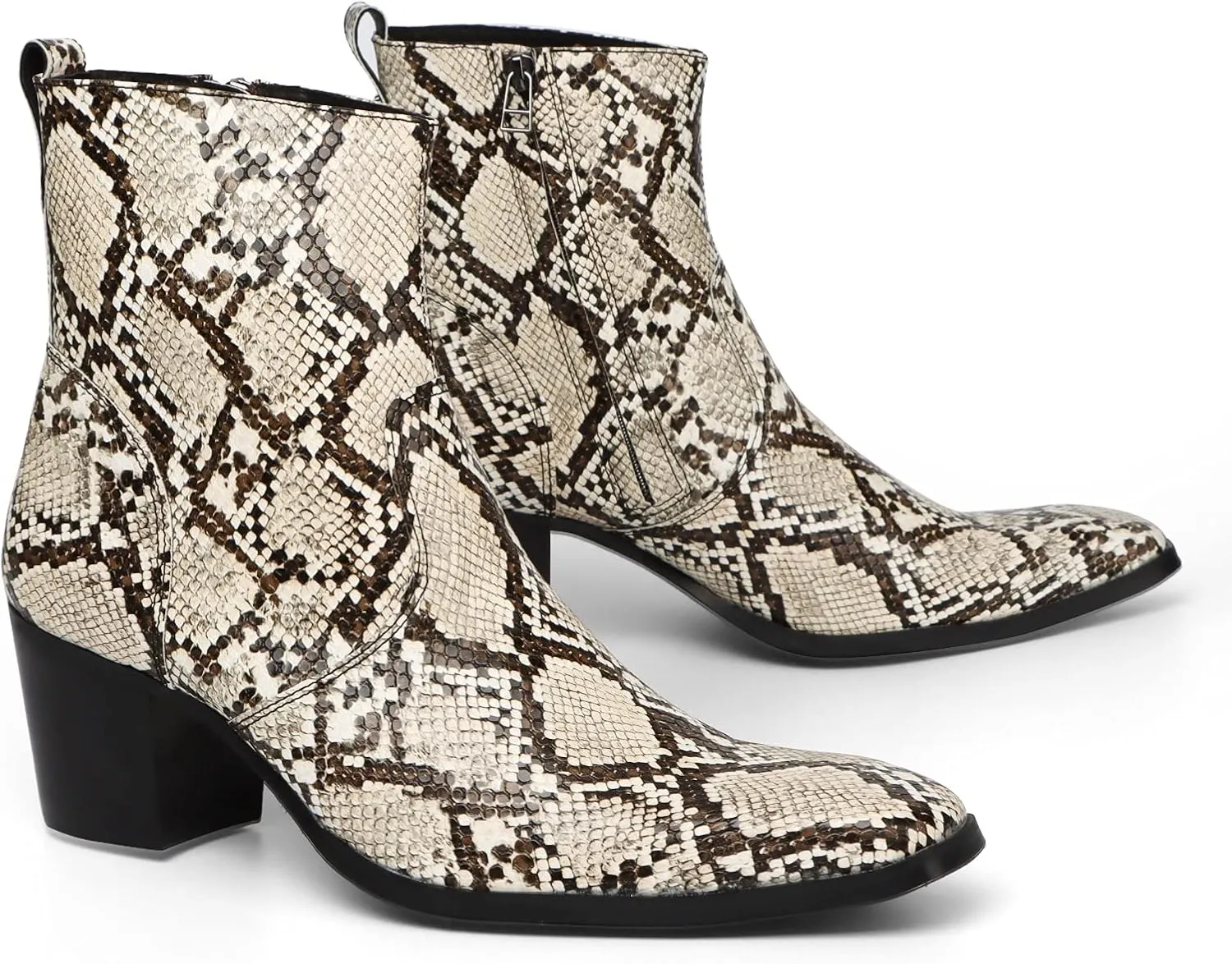Ankle Boots for Men OutdoorGenuine Leather Shoes Pull On Square Toe Imitation Crocodile/Inner Zipper High Heel