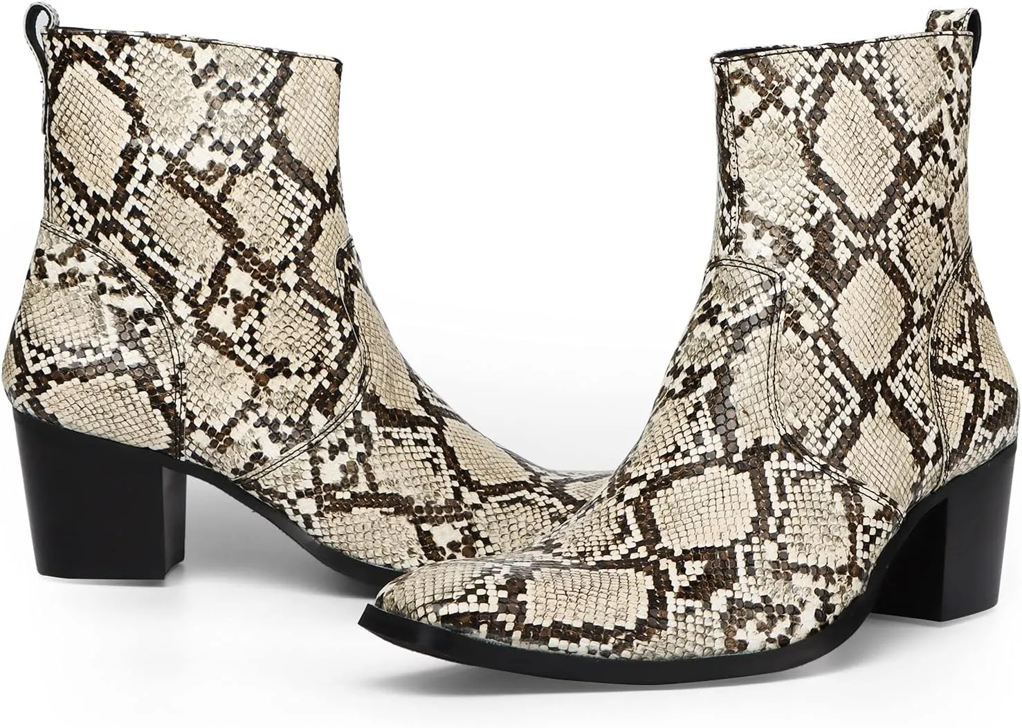 Ankle Boots for Men OutdoorGenuine Leather Shoes Pull On Square Toe Imitation Crocodile/Inner Zipper High Heel