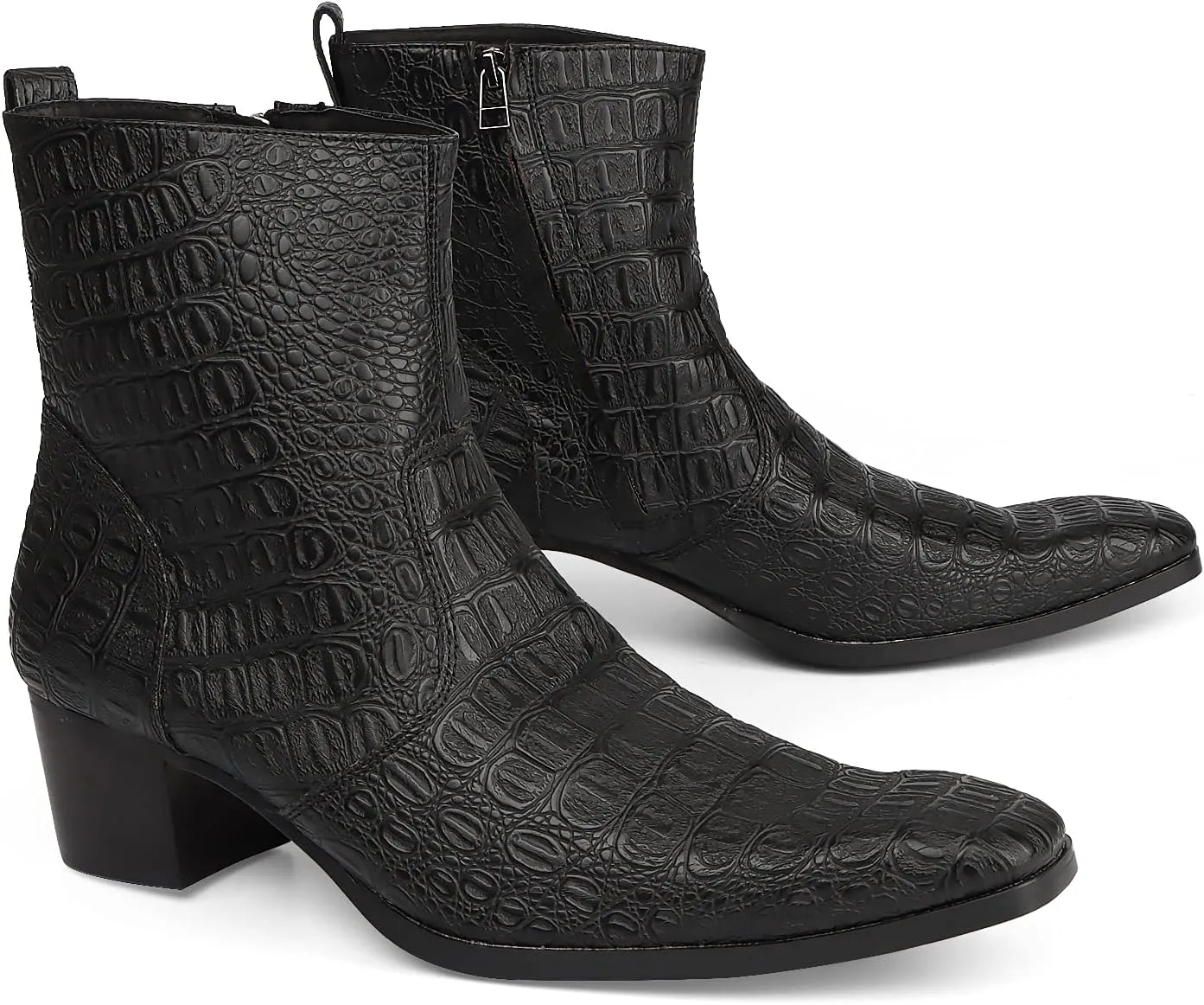 Ankle Boots for Men OutdoorGenuine Leather Shoes Pull On Square Toe Imitation Crocodile/Inner Zipper High Heel