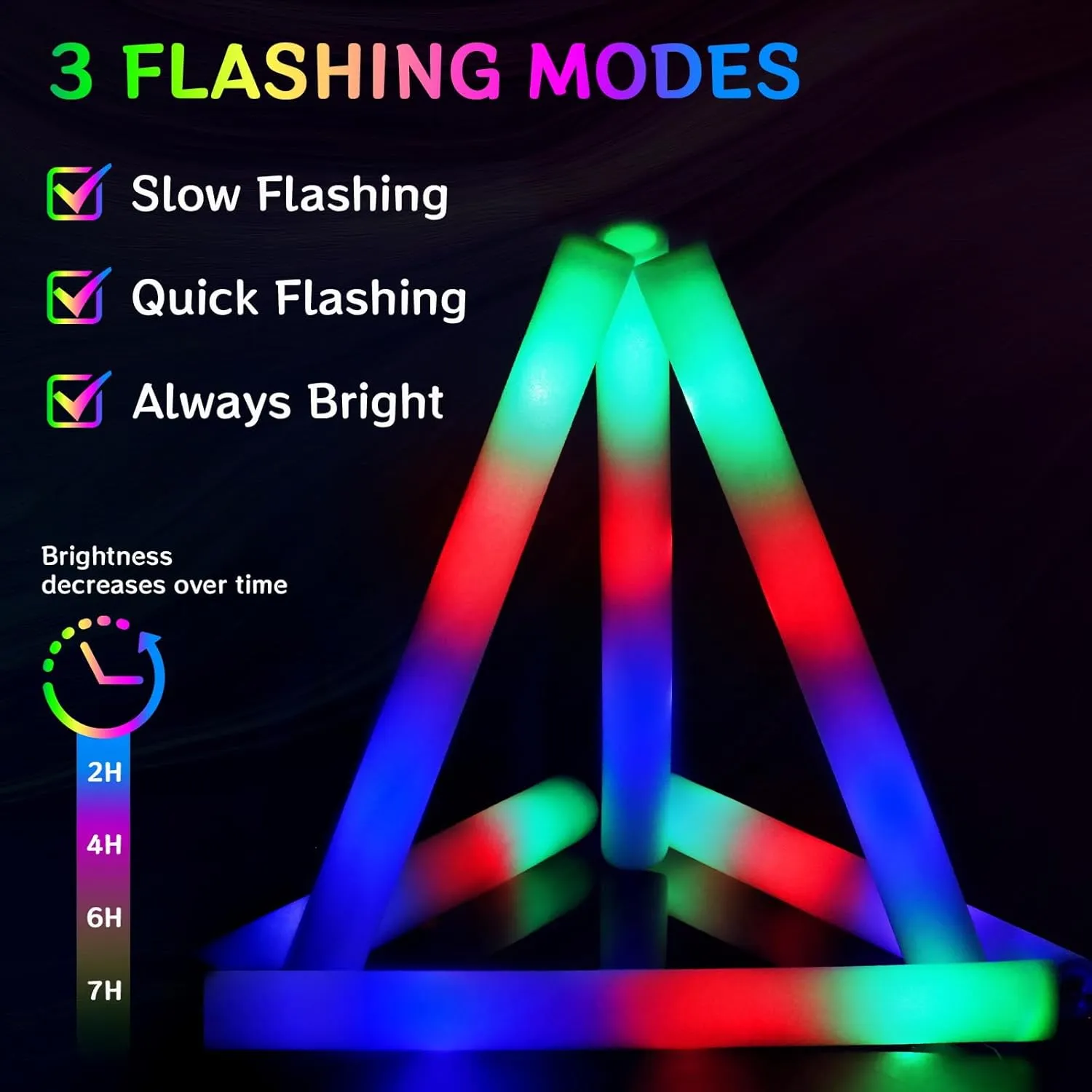 AOWDIAO 45 Pack Foam LED Glow Sticks – 16-Inch & 3 Lighting Modes – Light Up Neon Glow Wands Party Supplies for Weddings, Concerts, Festivals, Birthdays, Camping