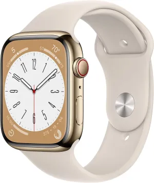 Apple Watch Series 8 (GPS   Cellular, 45mm) - Gold Stainless Steel Case with Starlight Sport Band (Renewed)