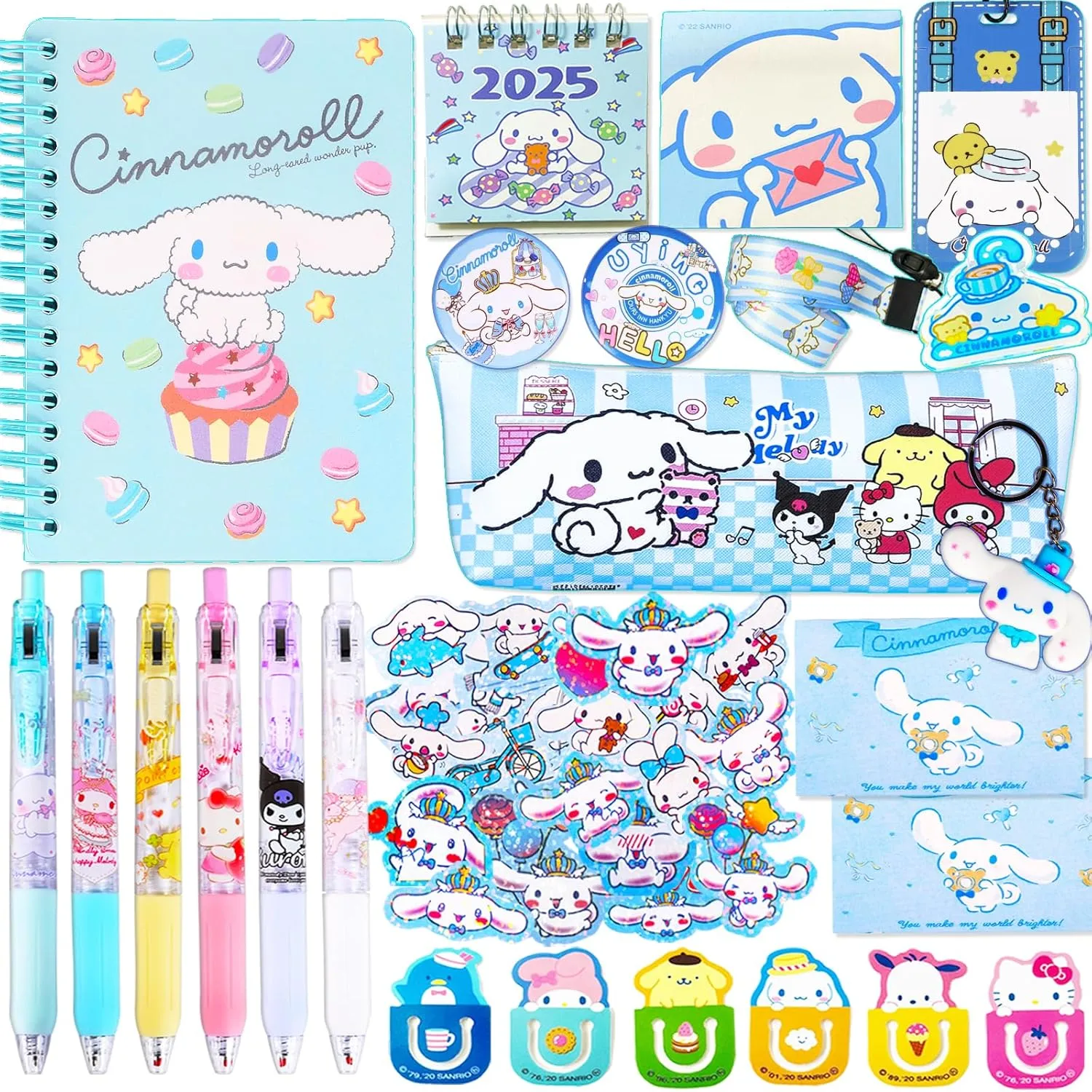 ArtBiz Kawai School Supplies Set Cute Stationery Set with Journal Notebook Pencil Case Gel Pens ID Badge Holder Stickers Bookmarks Keychain