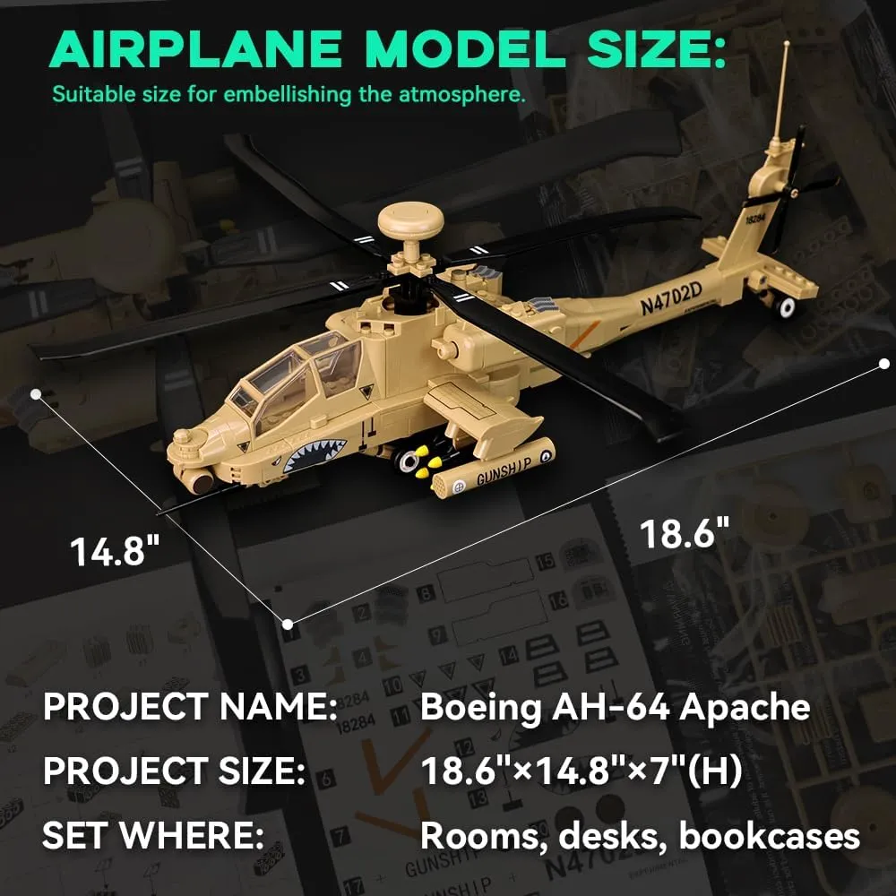 ArtorBricks AH-64 Apache Airplane Military Building Set with Display Stand - 183-Piece Model Kit for Adults, Collectors & Enthusiasts, Premium Gift Box Packaging for Holiday & Birthday Present