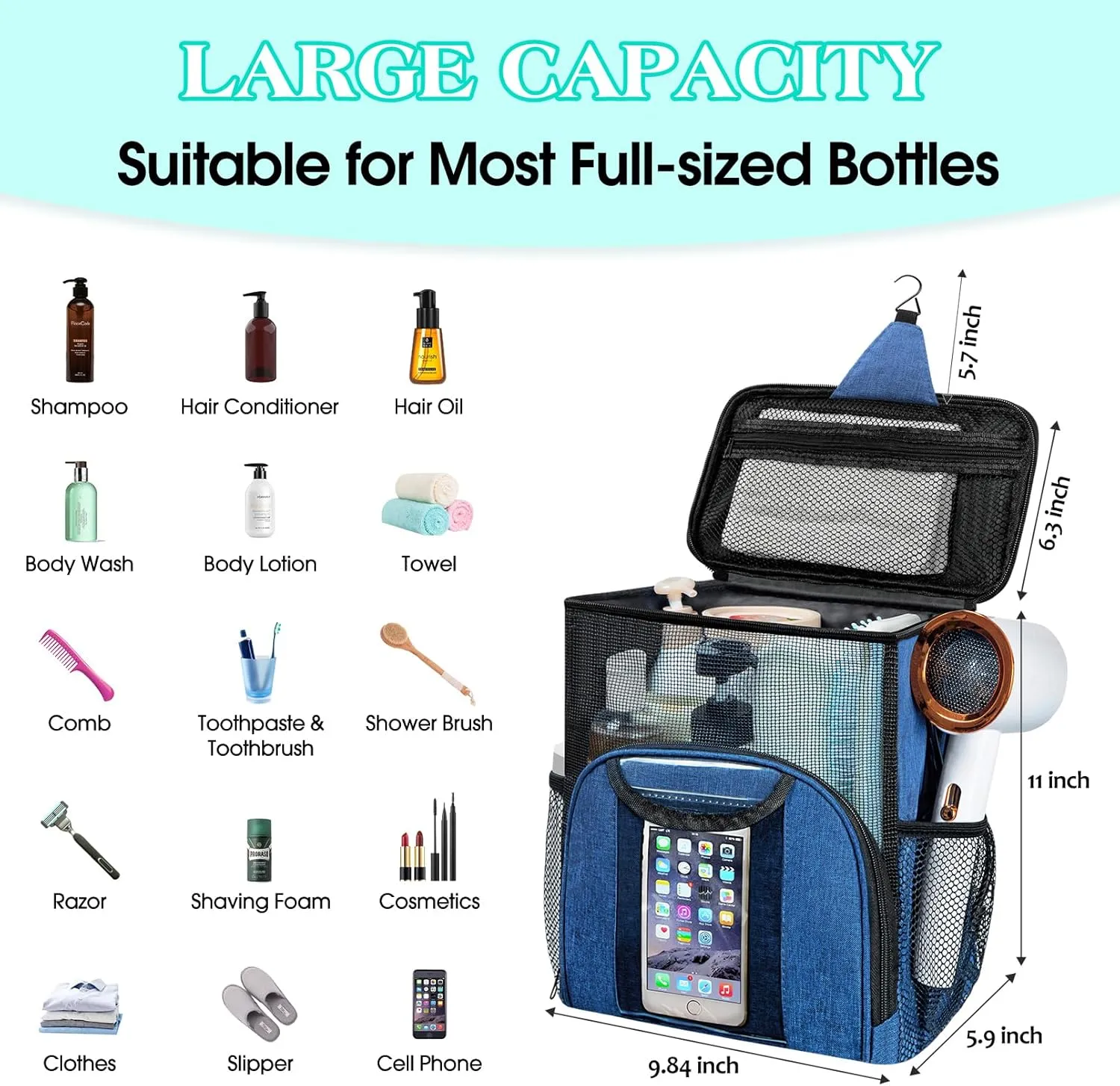 Attmu Portable Shower Caddy College Tote Bag, Quick Dry Hanging Toiletry Bag, Large Capacity Mesh Shower Caddy Portable for College Dorm Room Essentials for Boys and Girls for Bath Camping (Blue)