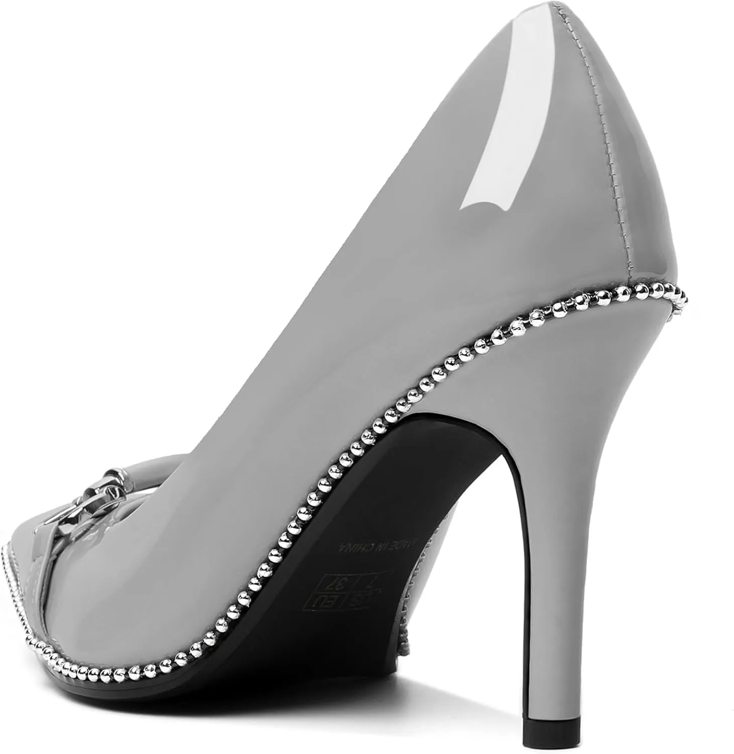 AUMOTED Women Beaded Pumps Pointed Toe Buckle Bow High Heel Stilettos Slip On 3.5 Inch Dress Shoes Office Party Patent Leather US Size 5-13