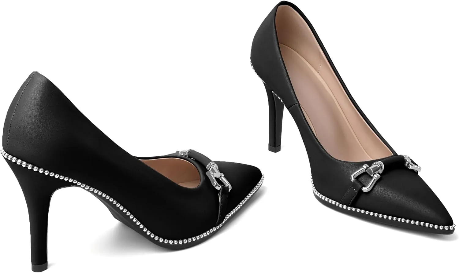 AUMOTED Women Beaded Pumps Pointed Toe Buckle Bow High Heel Stilettos Slip On 3.5 Inch Dress Shoes Office Party Patent Leather US Size 5-13