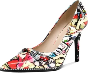 AUMOTED Women Beaded Pumps Pointed Toe Buckle Bow High Heel Stilettos Slip On 3.5 Inch Dress Shoes Office Party Patent Leather US Size 5-13