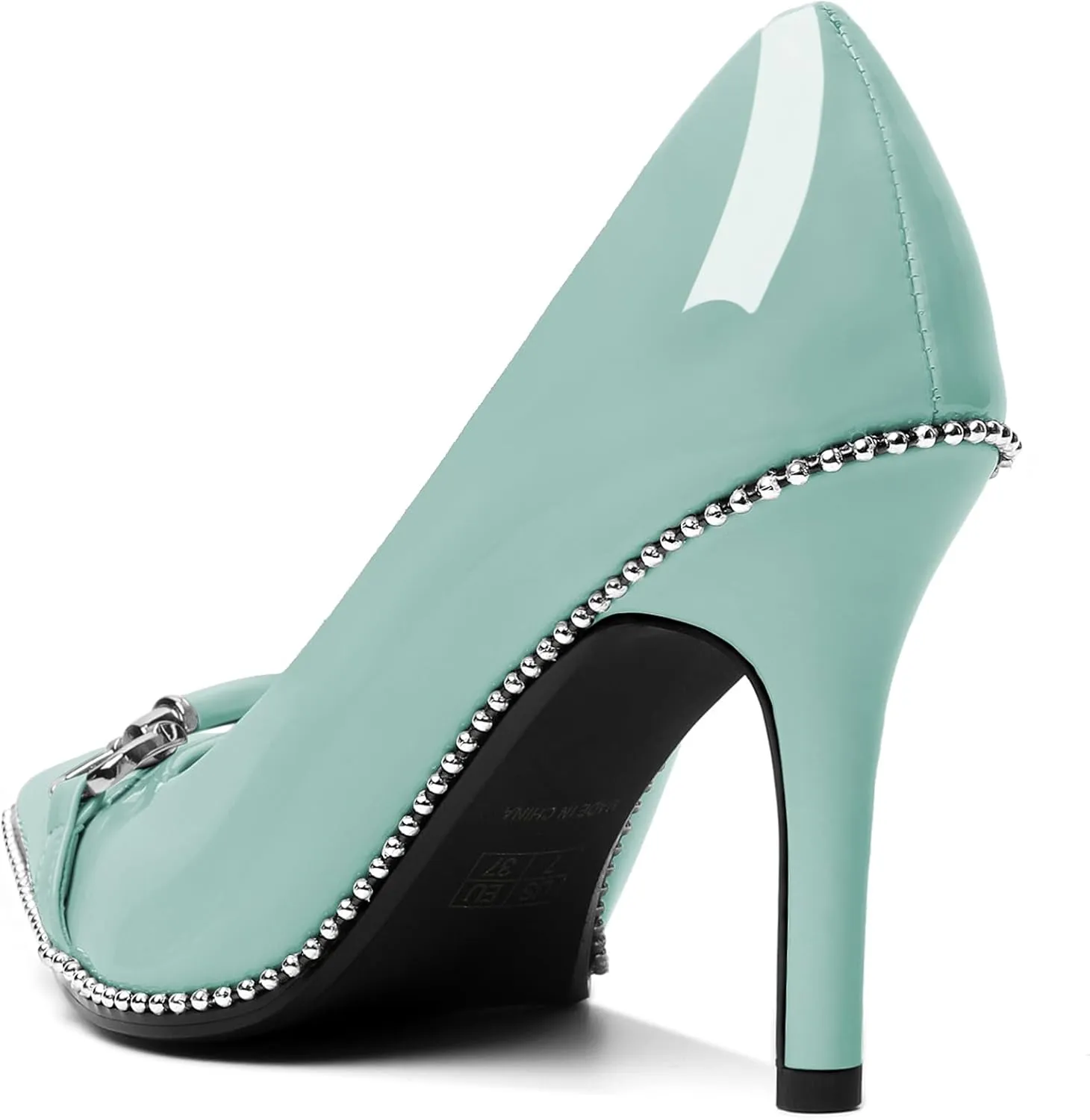 AUMOTED Women Beaded Pumps Pointed Toe Buckle Bow High Heel Stilettos Slip On 3.5 Inch Dress Shoes Office Party Patent Leather US Size 5-13