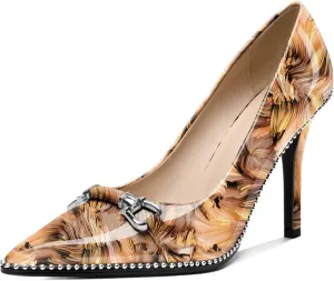 AUMOTED Women Beaded Pumps Pointed Toe Buckle Bow High Heel Stilettos Slip On 3.5 Inch Dress Shoes Office Party Patent Leather US Size 5-13