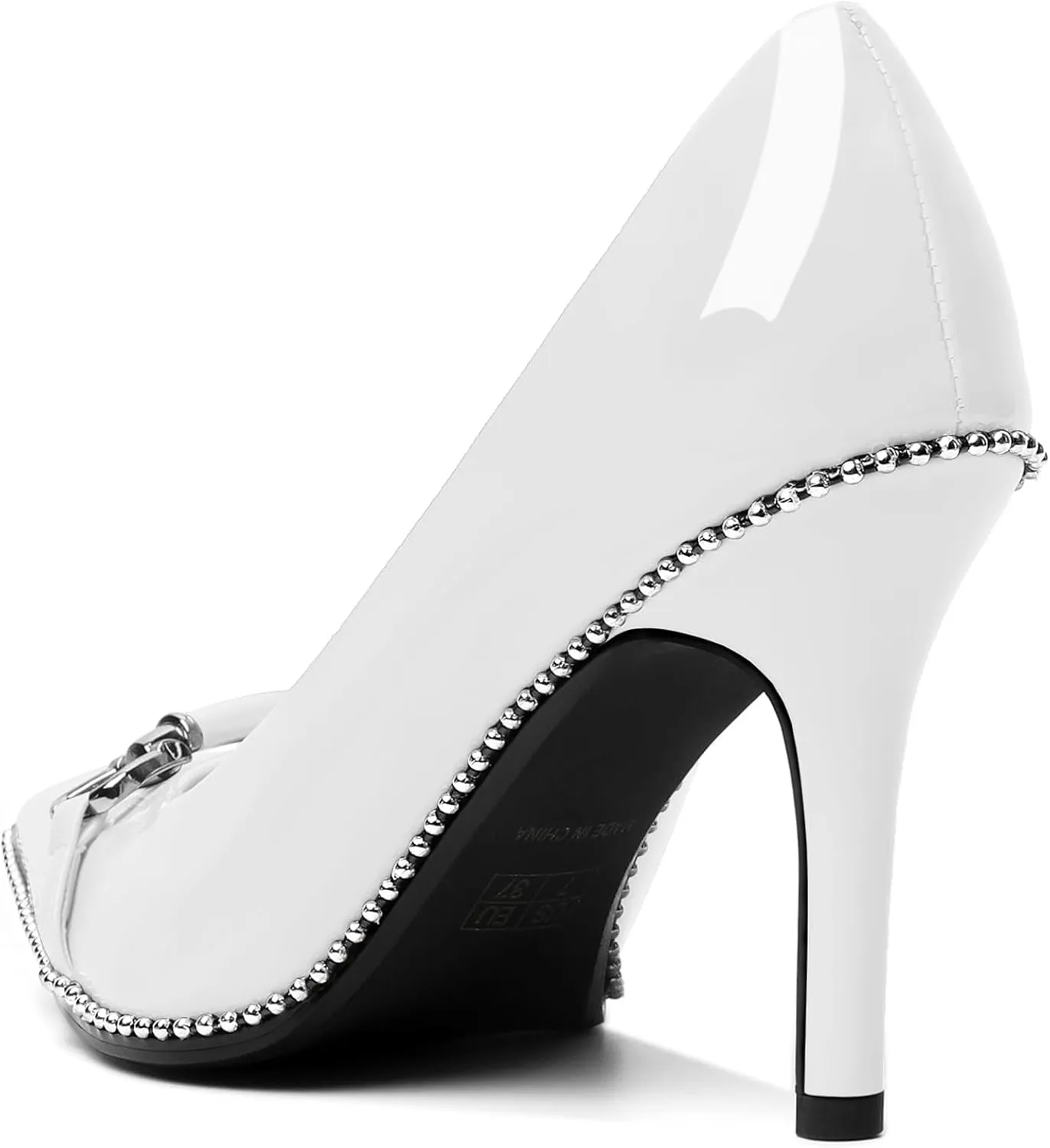AUMOTED Women Beaded Pumps Pointed Toe Buckle Bow High Heel Stilettos Slip On 3.5 Inch Dress Shoes Office Party Patent Leather US Size 5-13