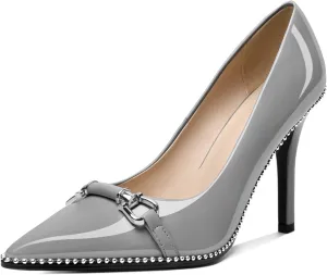 AUMOTED Women Beaded Pumps Pointed Toe Buckle Bow High Heel Stilettos Slip On 3.5 Inch Dress Shoes Office Party Patent Leather US Size 5-13