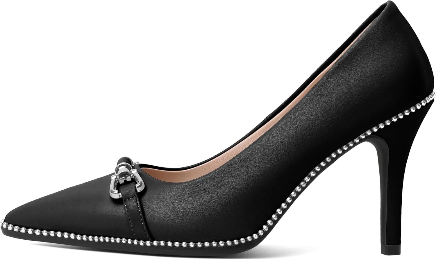AUMOTED Women Beaded Pumps Pointed Toe Buckle Bow High Heel Stilettos Slip On 3.5 Inch Dress Shoes Office Party Patent Leather US Size 5-13