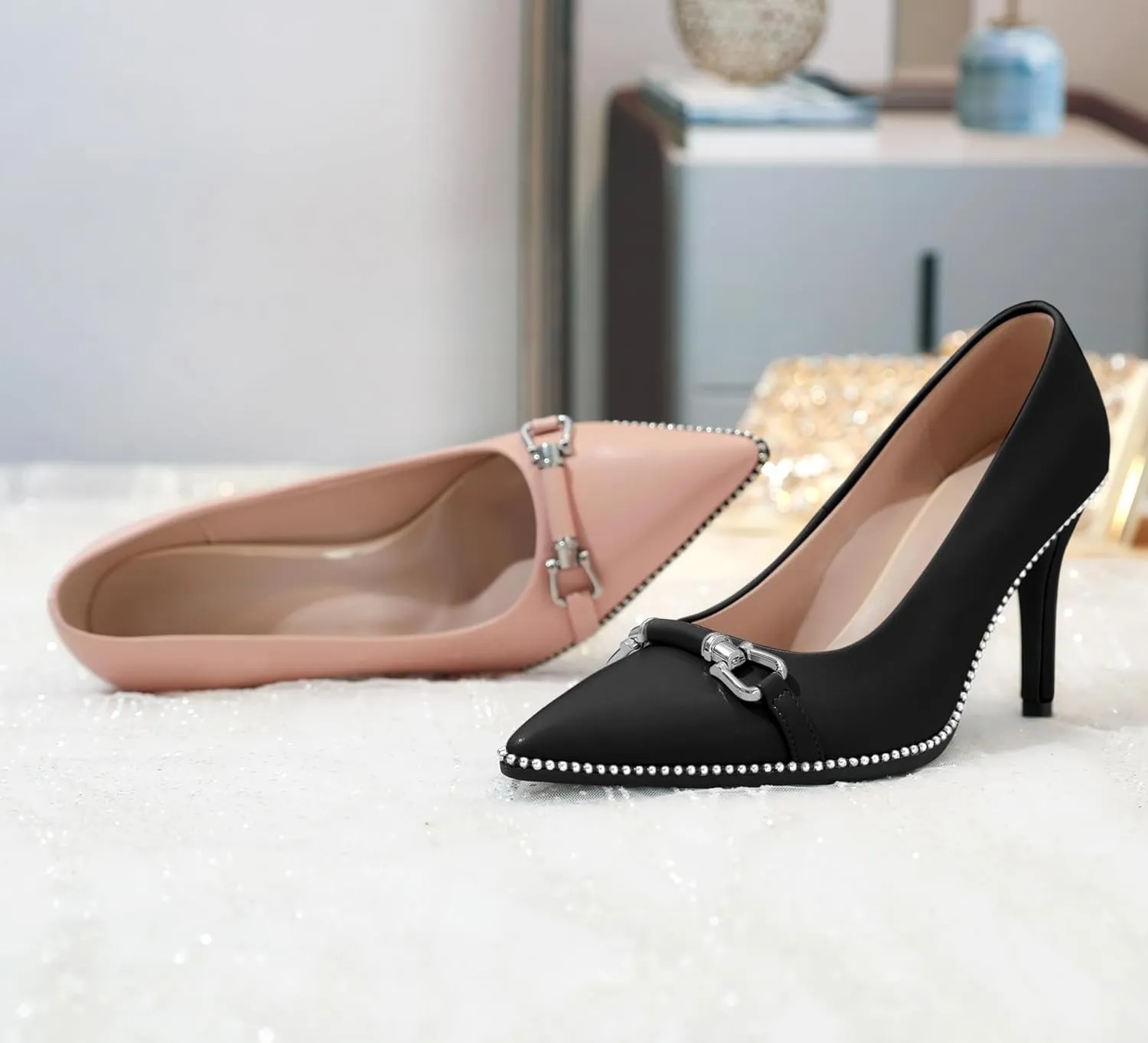 AUMOTED Women Beaded Pumps Pointed Toe Buckle Bow High Heel Stilettos Slip On 3.5 Inch Dress Shoes Office Party Patent Leather US Size 5-13