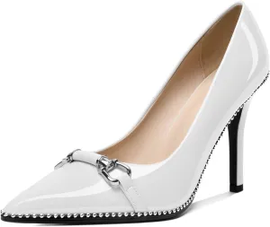 AUMOTED Women Beaded Pumps Pointed Toe Buckle Bow High Heel Stilettos Slip On 3.5 Inch Dress Shoes Office Party Patent Leather US Size 5-13