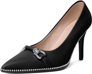 AUMOTED Women Beaded Pumps Pointed Toe Buckle Bow High Heel Stilettos Slip On 3.5 Inch Dress Shoes Office Party Patent Leather US Size 5-13