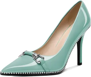 AUMOTED Women Beaded Pumps Pointed Toe Buckle Bow High Heel Stilettos Slip On 3.5 Inch Dress Shoes Office Party Patent Leather US Size 5-13