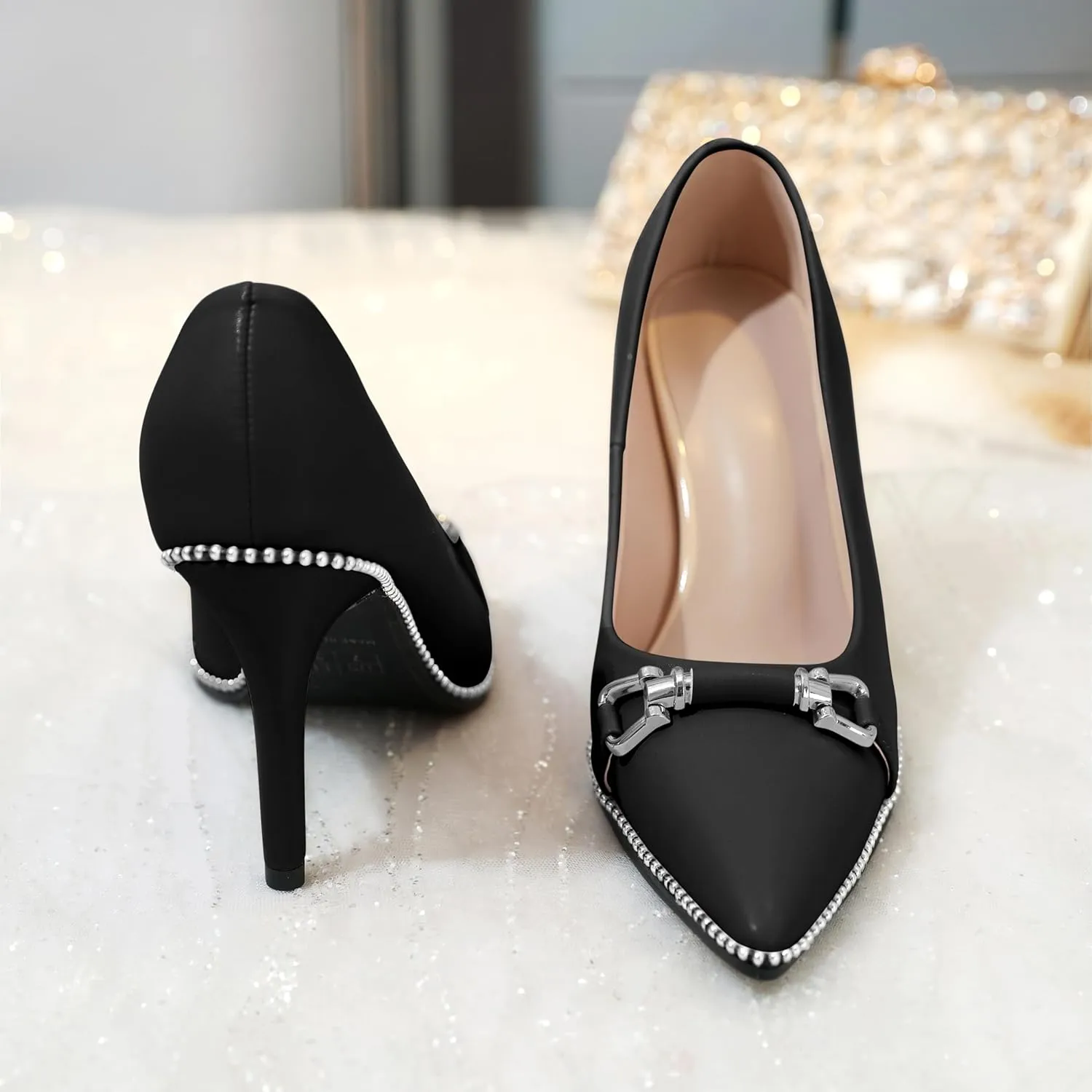 AUMOTED Women Beaded Pumps Pointed Toe Buckle Bow High Heel Stilettos Slip On 3.5 Inch Dress Shoes Office Party Patent Leather US Size 5-13