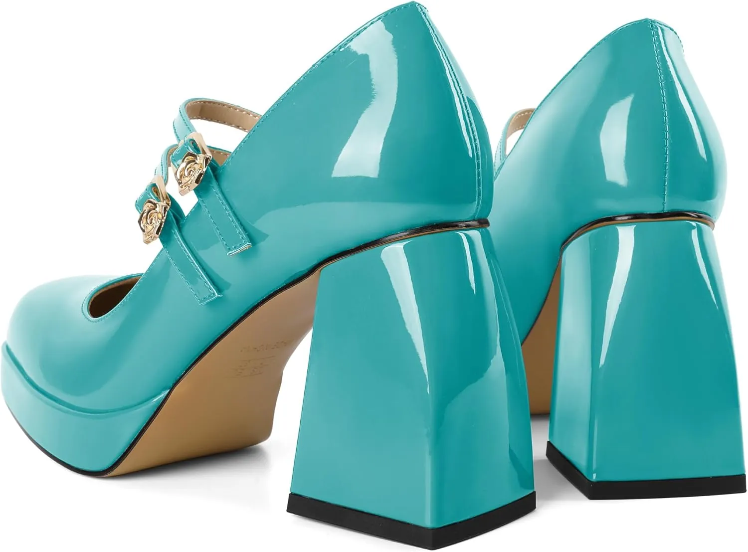 AUMOTED Women's Chunky Heels Platform Mary Janes Shoes Square Toe Pumps Patent Leather Block High Heel Dress Shoes 3.5 Inch