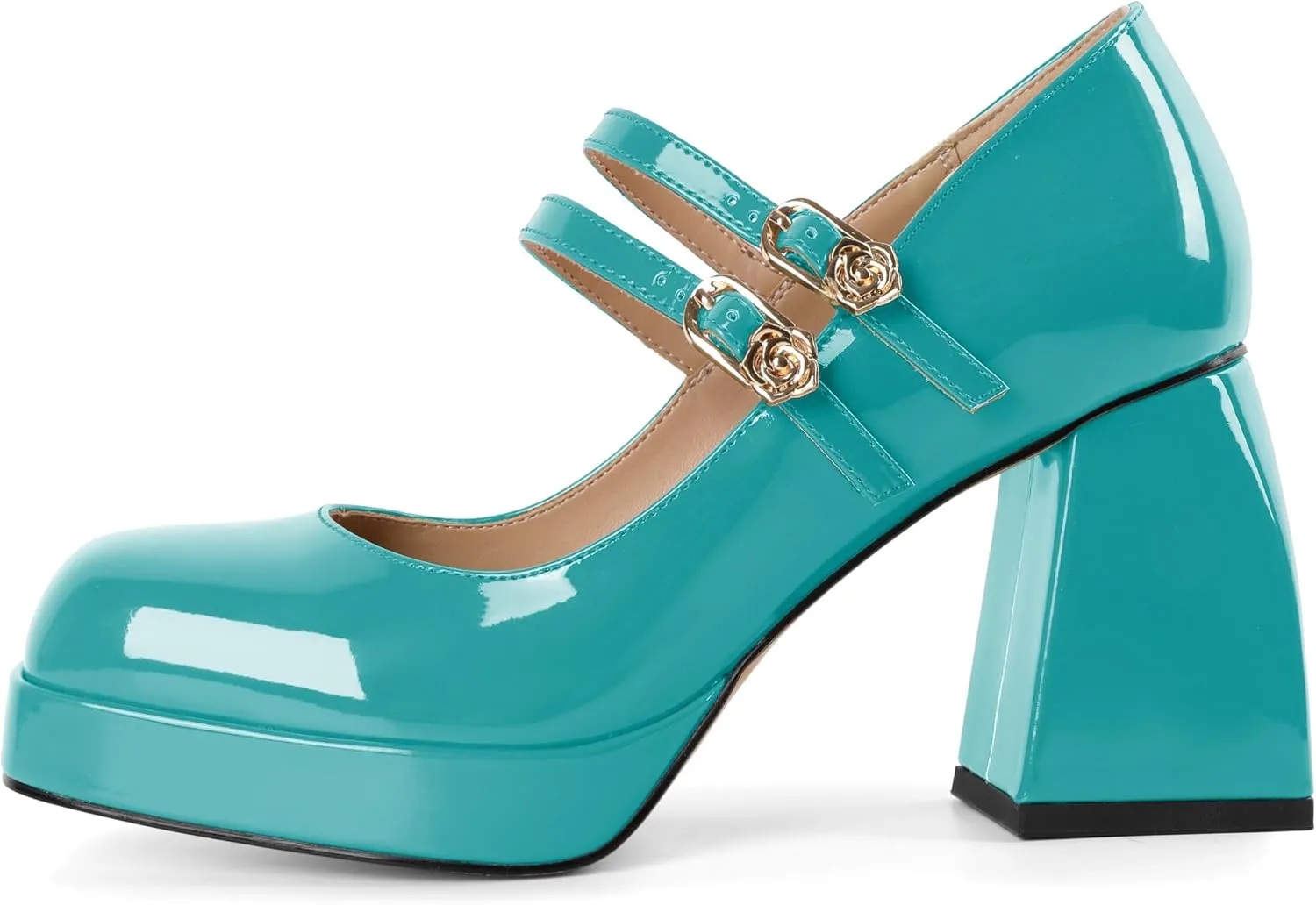 AUMOTED Women's Chunky Heels Platform Mary Janes Shoes Square Toe Pumps Patent Leather Block High Heel Dress Shoes 3.5 Inch