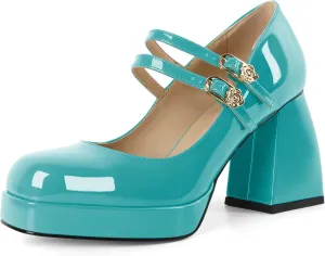 AUMOTED Women's Chunky Heels Platform Mary Janes Shoes Square Toe Pumps Patent Leather Block High Heel Dress Shoes 3.5 Inch