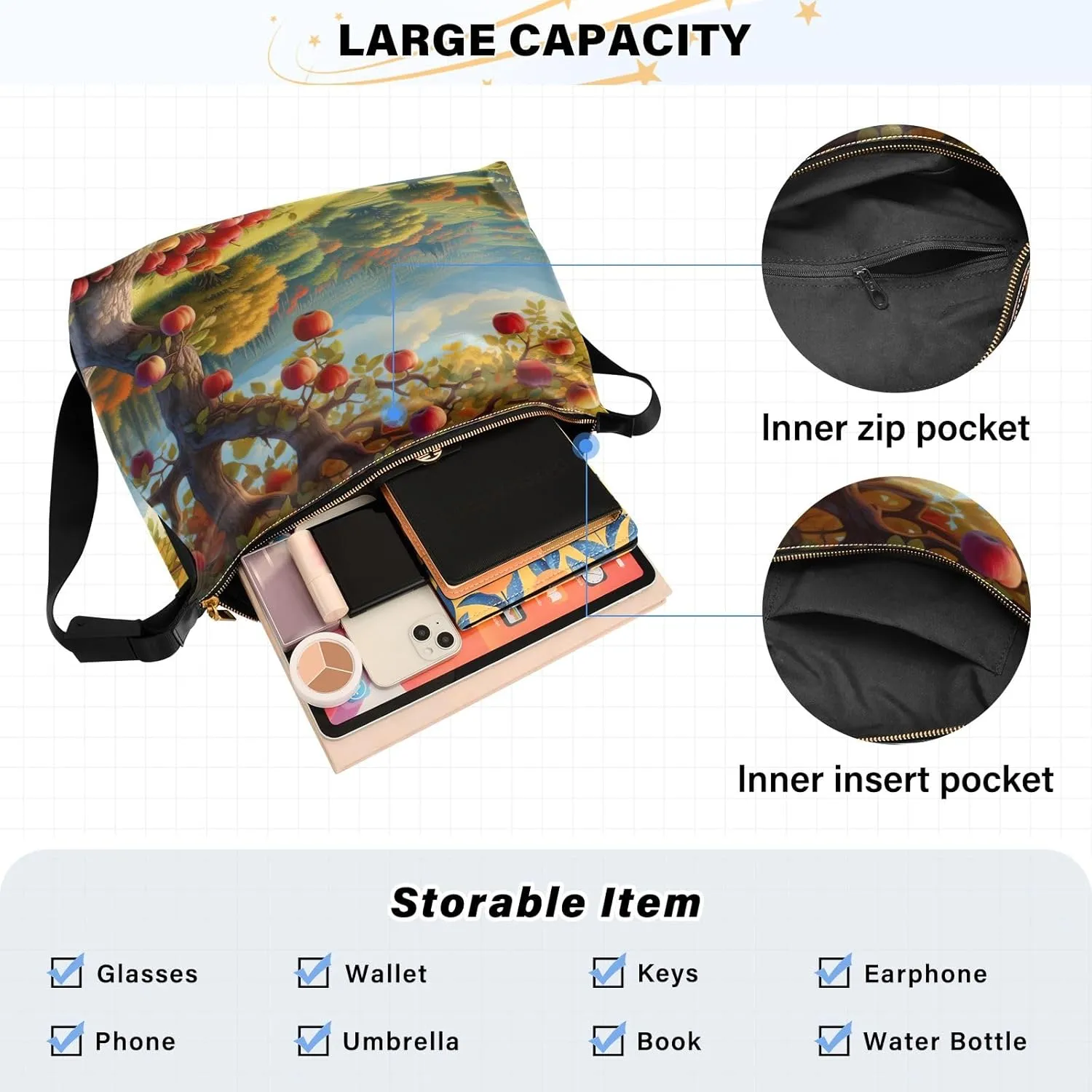 Autumn Apple Trees Large Leather Crossbody Bag, Fashion Crossbody Bag, Man Leather Bag