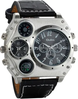 Avaner Mens Big Face Watch, Dual Time Zone Leather Strap Sport Watch, Analog Quartz Wrist Watch with Decorative Compass Thermometer Dial