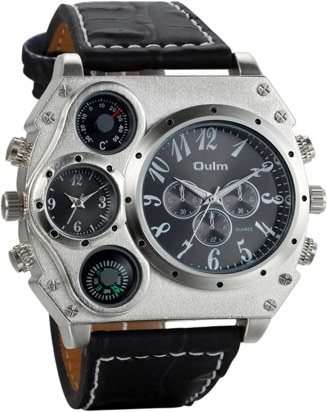 Avaner Mens Big Face Watch, Dual Time Zone Leather Strap Sport Watch, Analog Quartz Wrist Watch with Decorative Compass Thermometer Dial
