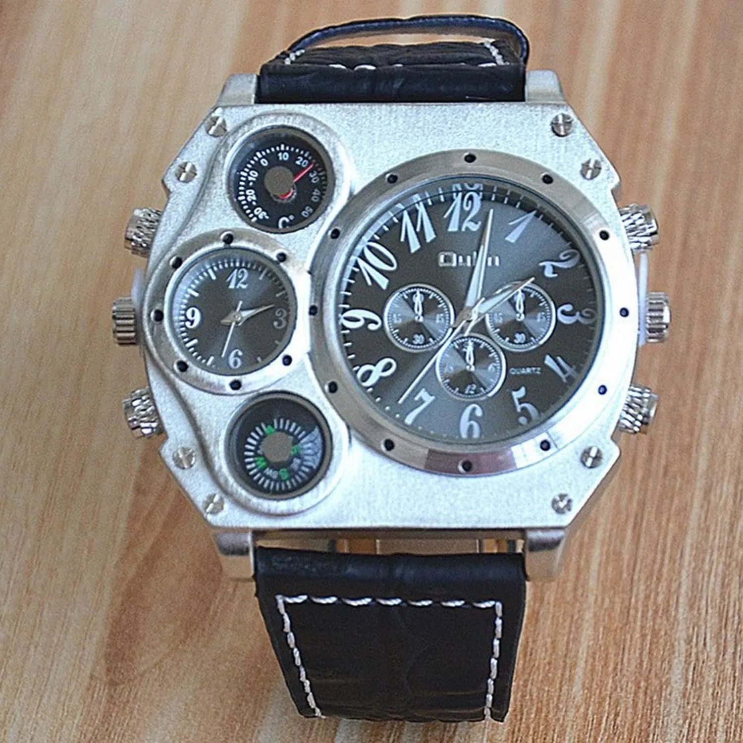 Avaner Mens Big Face Watch, Dual Time Zone Leather Strap Sport Watch, Analog Quartz Wrist Watch with Decorative Compass Thermometer Dial