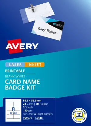 Avery Card Name Badges Kit 86.5x55.5mm Labels 8up 3 Sheets Inkjet Laser