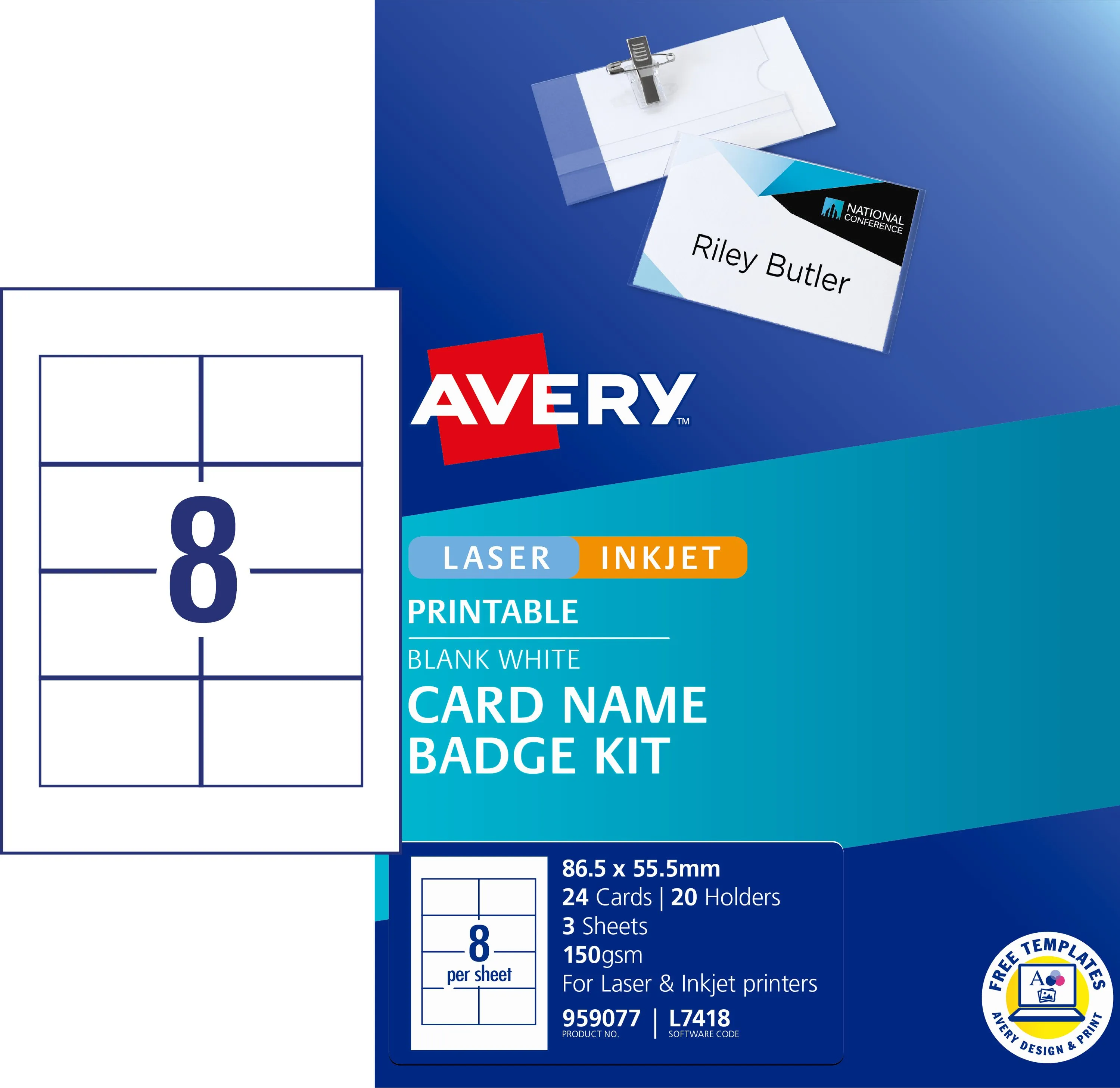 Avery Card Name Badges Kit 86.5x55.5mm Labels 8up 3 Sheets Inkjet Laser