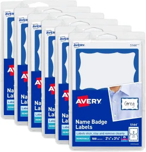 Avery Customizable Name Tags, 2-1/3" x 3-3/8", White with Blue Border, 6 Packs of 100, 600 Removable Name Badges Total (44144)