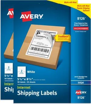 Avery Half-Sheet Printable Shipping Labels, 5.5" x 8.5" Customizable Stickers, White, 50 per Pack, 100 Blank Mailing Labels Total, Great for Mailing, Shipping, Organizing, and More (2-Pack of 8126)
