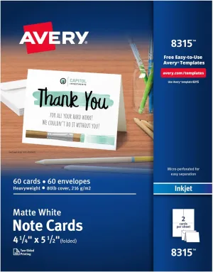 Avery Printable Note Cards with Envelopes, 4.25" x 5.5", Matte White, 60 Blank Note Cards for Inkjet Printers (08315)