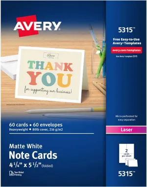 Avery Printable Note Cards with Envelopes, 4.25" x 5.5", White, 60 Blank Note Cards for Laser Printers (05315)