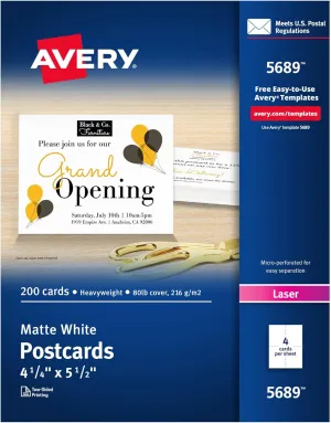 Avery Printable Postcards, 4.25" x 5.5", White, 200 Blank Postcards for Laser Printers (5689)