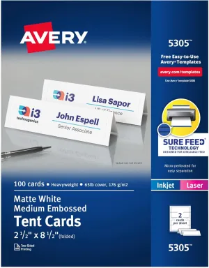 Avery Printable Tent Cards with Sure Feed Technology, 2-1/2" x 8-1/2", Matte White with Embossed Border, 100 Blank Place Cards for Laser and Inkjet Printers (5305)
