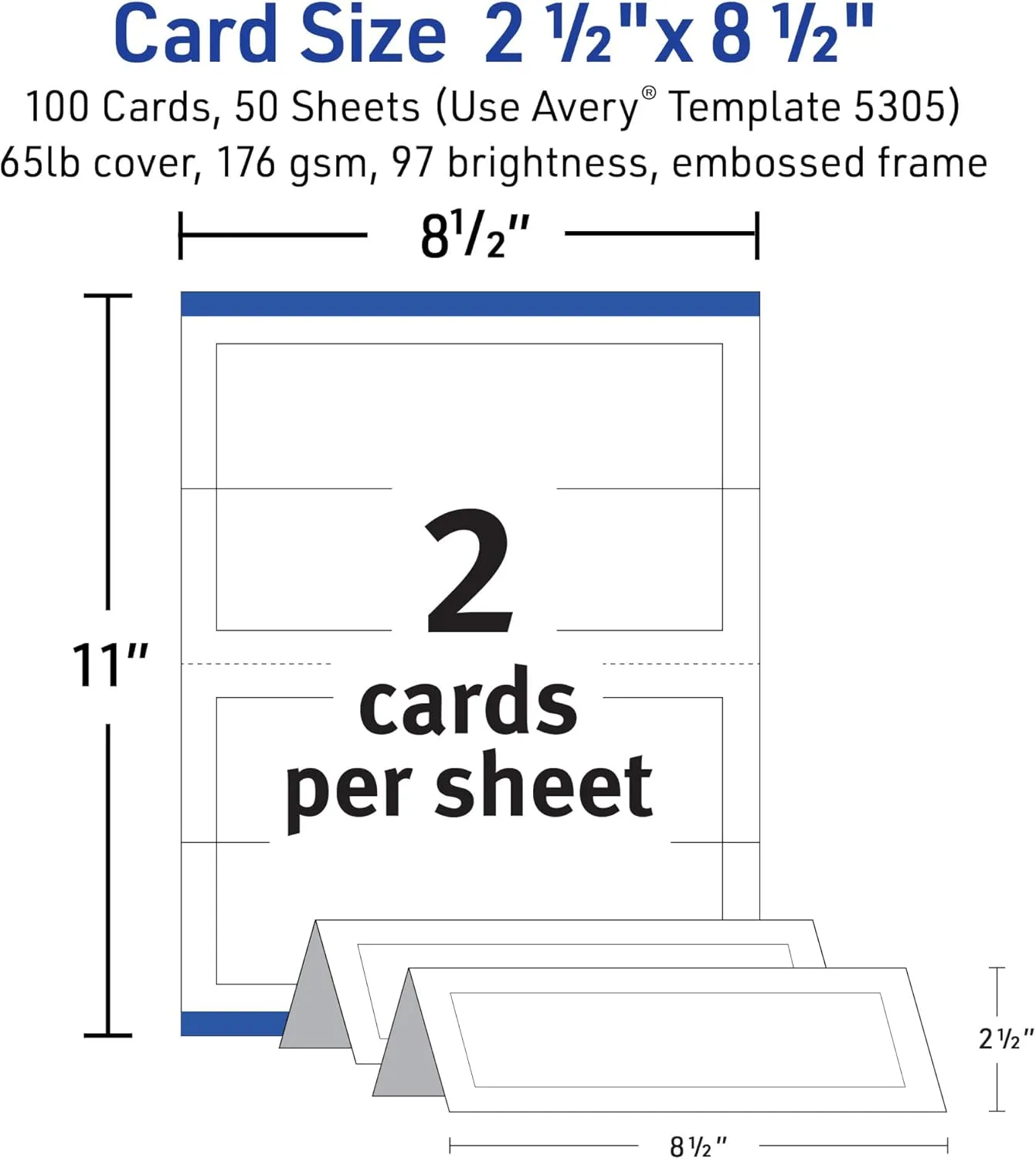 Avery Printable Tent Cards with Sure Feed Technology, 2-1/2" x 8-1/2", Matte White with Embossed Border, 100 Blank Place Cards for Laser and Inkjet Printers (5305)