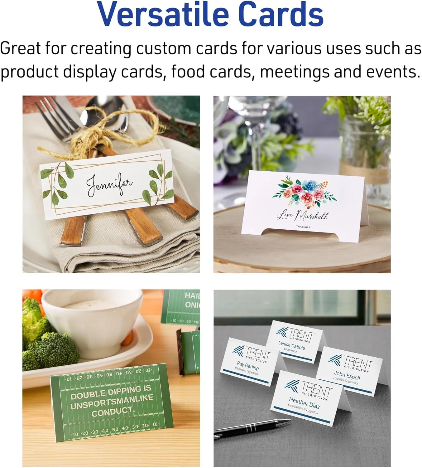 Avery Printable Tent Cards with Sure Feed Technology, 2-1/2" x 8-1/2", Matte White with Embossed Border, 100 Blank Place Cards for Laser and Inkjet Printers (5305)