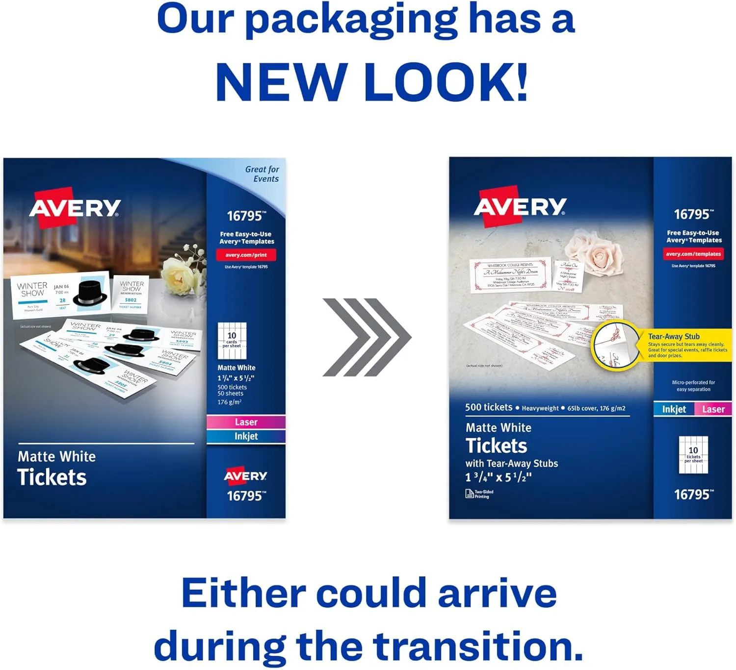 Avery Printable Tickets with Tear-Away Stubs, 1.75" x 5.5", Matte White, 500 Blank Tickets for Laser and Inkjet Printers (16795)