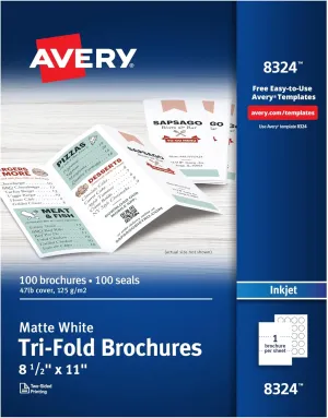 Avery Printable Tri-Fold Brochures with Mailing Seals, 8.5" x 11", Matte White, 100 Blank Brochure Paper for Inkjet Printers (08324)