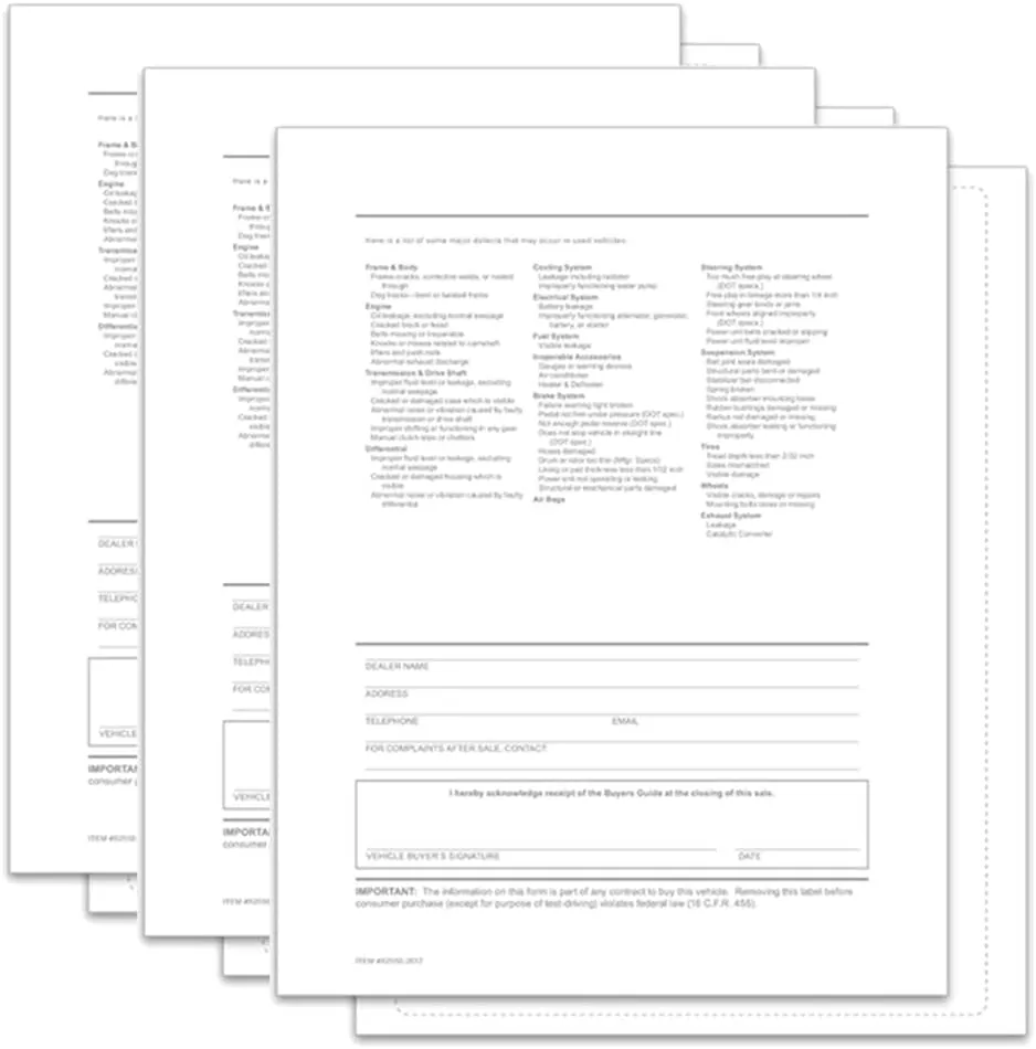 Backer Only Exterior Buyers Guide for Car Dealerships - 8.5" x 11" 1-Part Weather-Resistant Forms with FTC Regulations - Laser Compatible and Permanent Self-Adhesive on 4 Sides - Pack of 300
