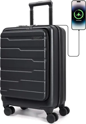 BAGSMART Expandable Carry On Luggage 22x14x9 Airline Approved, 20 Inch Suitcase with Spinner Wheels, Charging Ports, TSA Lock, Hard Shell Front Opening for Men Women Travel Business, Black