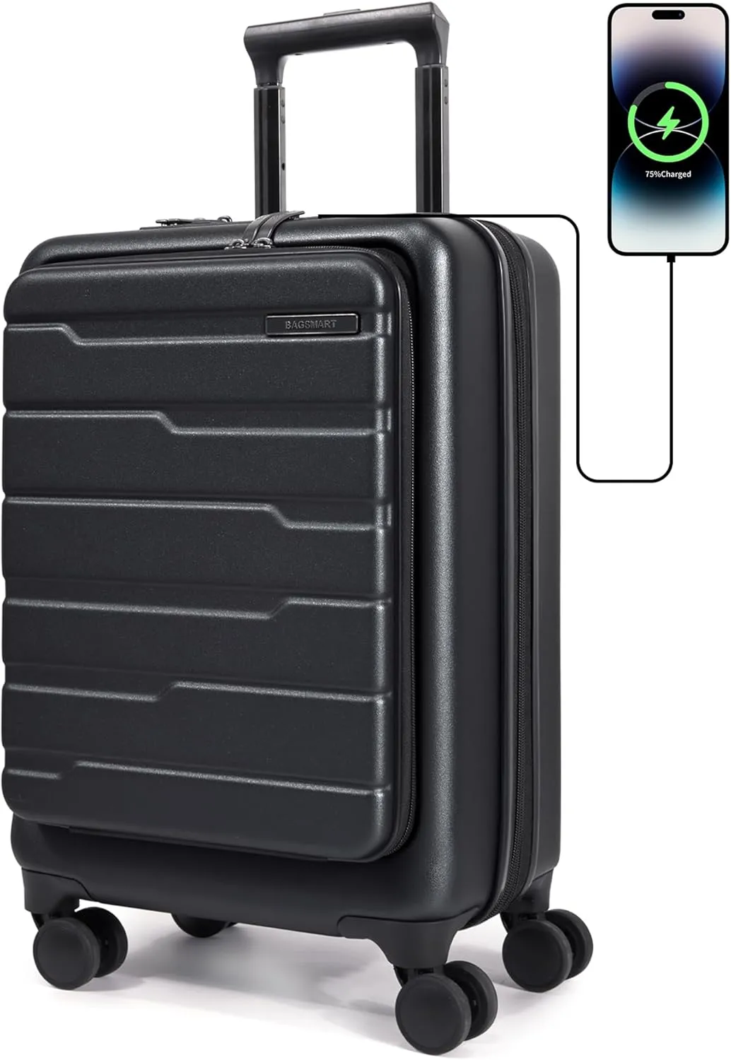 BAGSMART Expandable Carry On Luggage 22x14x9 Airline Approved, 20 Inch Suitcase with Spinner Wheels, Charging Ports, TSA Lock, Hard Shell Front Opening for Men Women Travel Business, Black