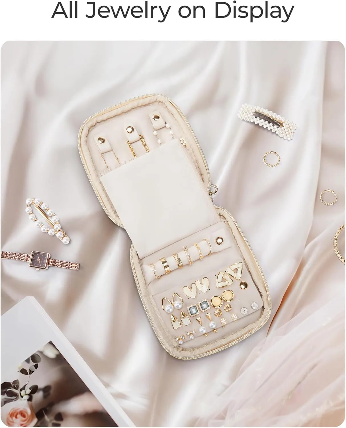 BAGSMART Travel Jewelry Case Jewelry Box Organizers and Storage Earings Holder Organizer for Women for Necklaces, Bracelets, Rings-Beige