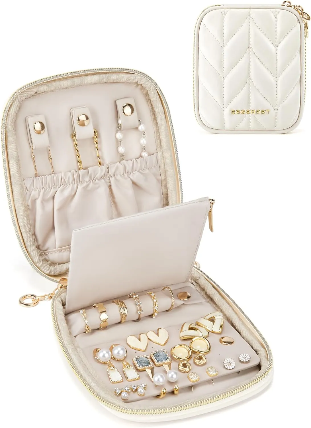 BAGSMART Travel Jewelry Case Jewelry Box Organizers and Storage Earings Holder Organizer for Women for Necklaces, Bracelets, Rings-Beige