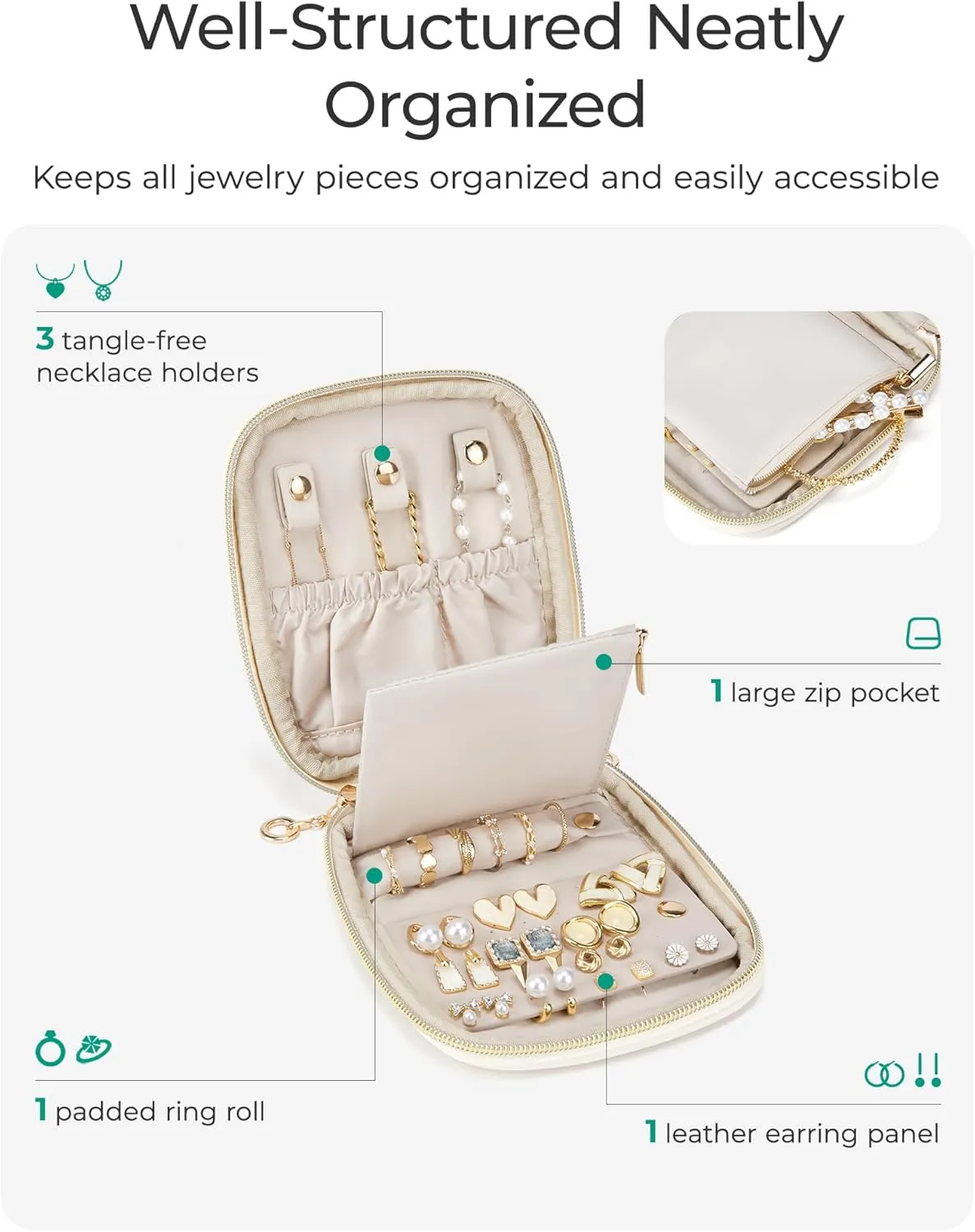 BAGSMART Travel Jewelry Case Jewelry Box Organizers and Storage Earings Holder Organizer for Women for Necklaces, Bracelets, Rings-Beige