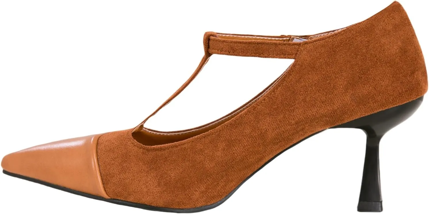 baobeijiadao Women’s Pointed Toe Pumps Mid Kitten Heel T-Strap Heels Ankle Buckle Dressy Wedding Office Shoes