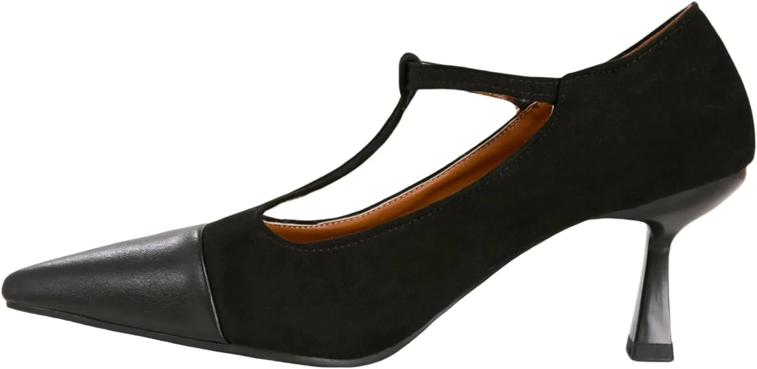 baobeijiadao Women’s Pointed Toe Pumps Mid Kitten Heel T-Strap Heels Ankle Buckle Dressy Wedding Office Shoes