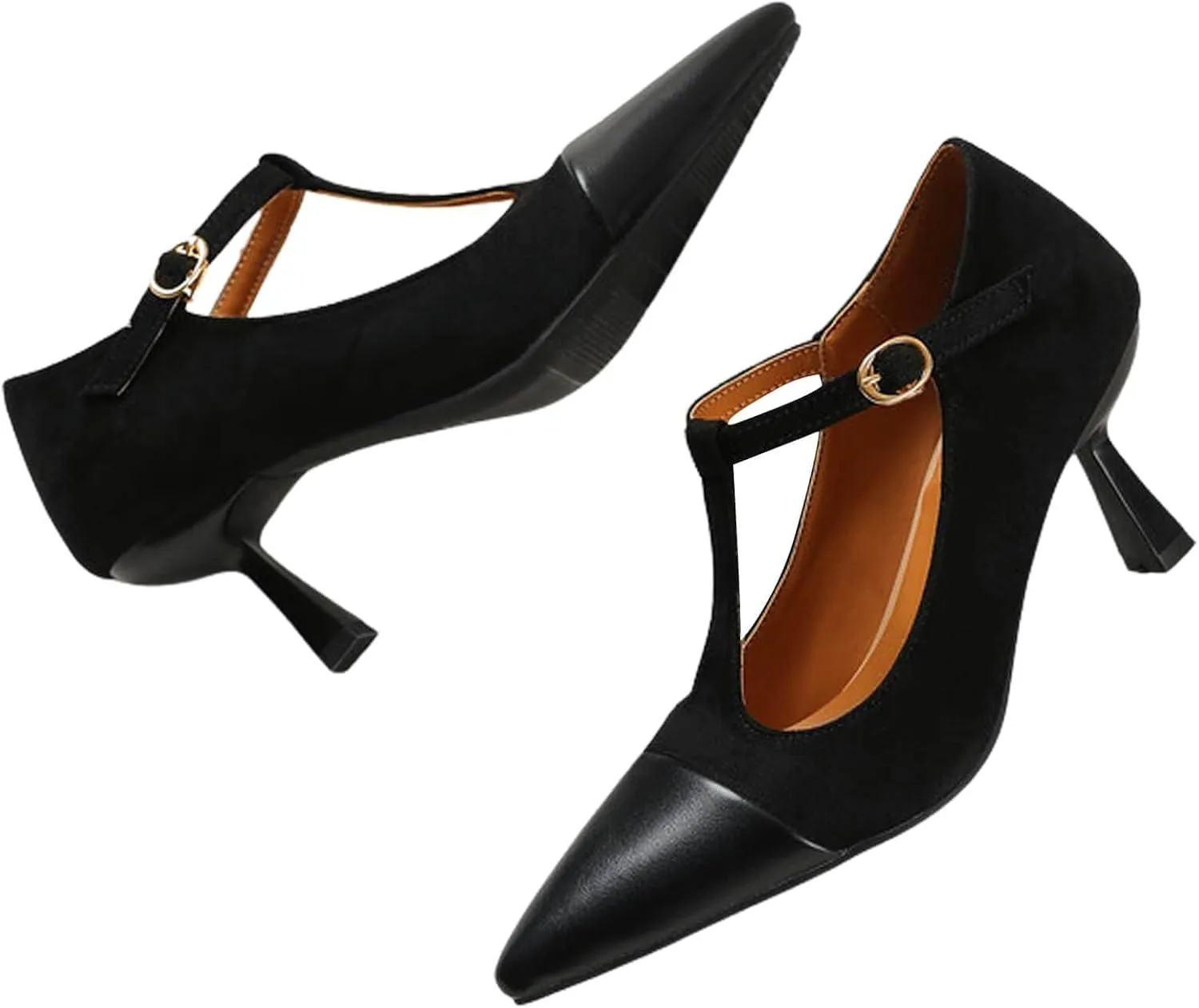 baobeijiadao Women’s Pointed Toe Pumps Mid Kitten Heel T-Strap Heels Ankle Buckle Dressy Wedding Office Shoes